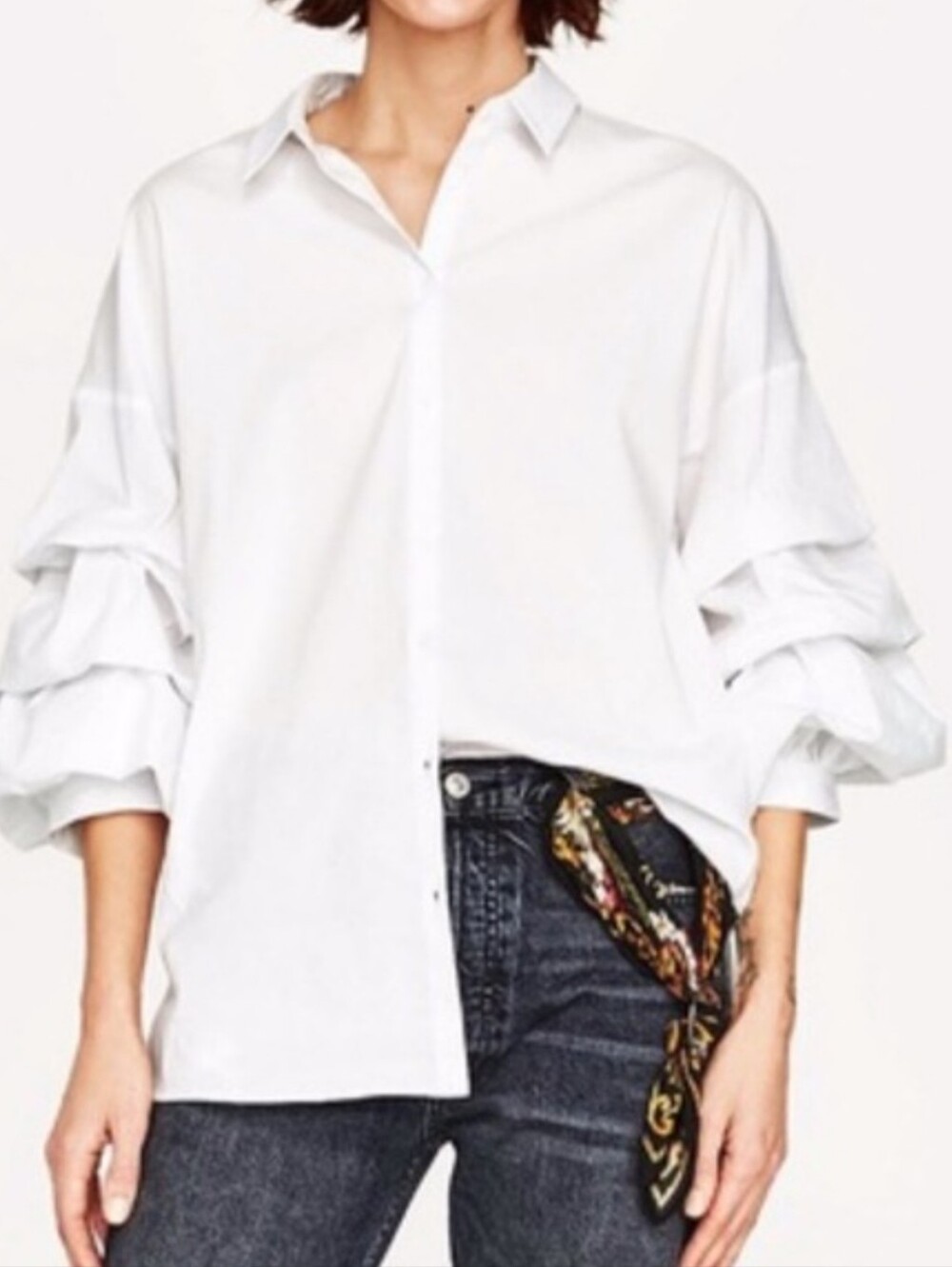 ZARA ✨️ White Poplin Women's Button-Down Shirt with Pleated Sleeves Size XXL